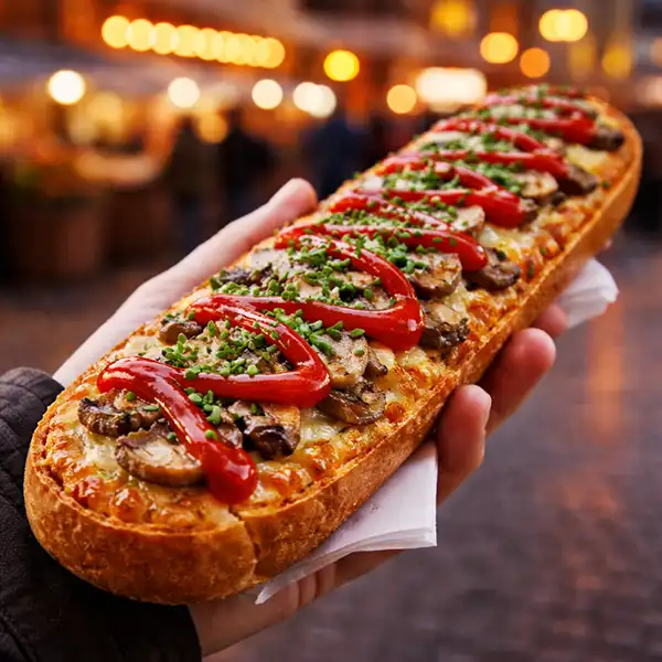 Traditional Polish Zapiekanka street food served in Krakow's Kazimierz district.