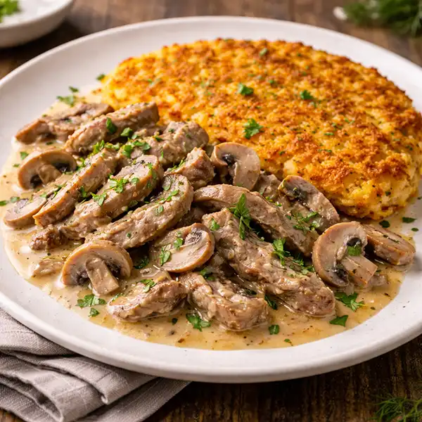 Traditional Zürcher Geschnetzeltes dish with creamy veal and mushrooms served with crispy potato Rösti.