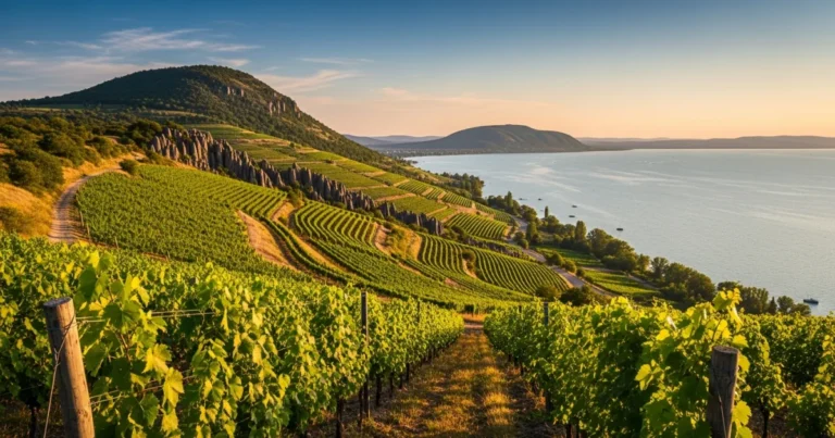 Badacsony 1 Panoramic view of Badacsony Hill with vineyards and Lake Balaton at sunset