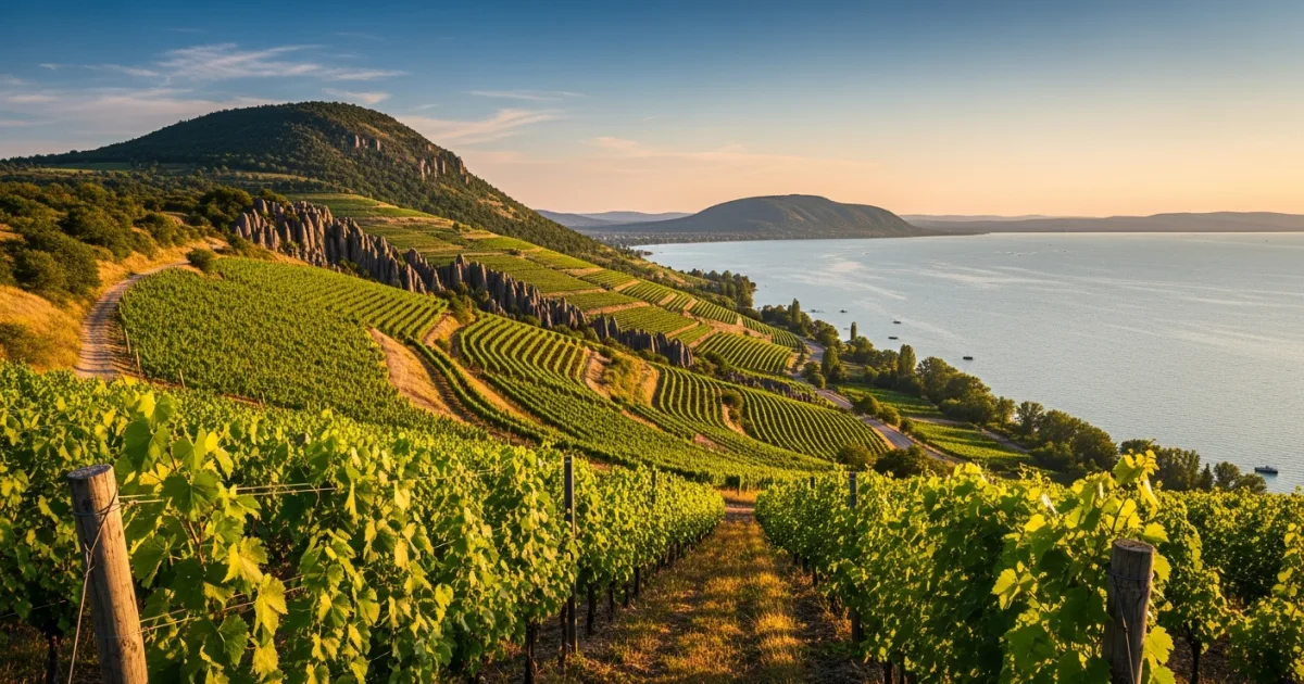 Travel Guides 7 Panoramic view of Badacsony Hill with vineyards and Lake Balaton at sunset