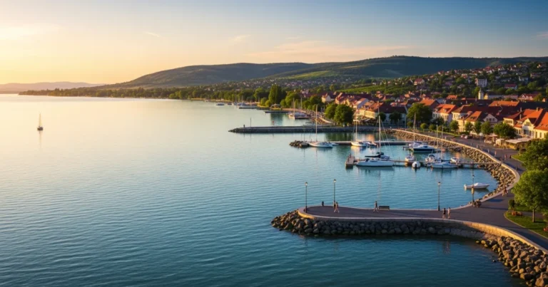 Balatonalmadi 3 Panoramic view of Balatonalmádi waterfront at sunset on Lake Balaton