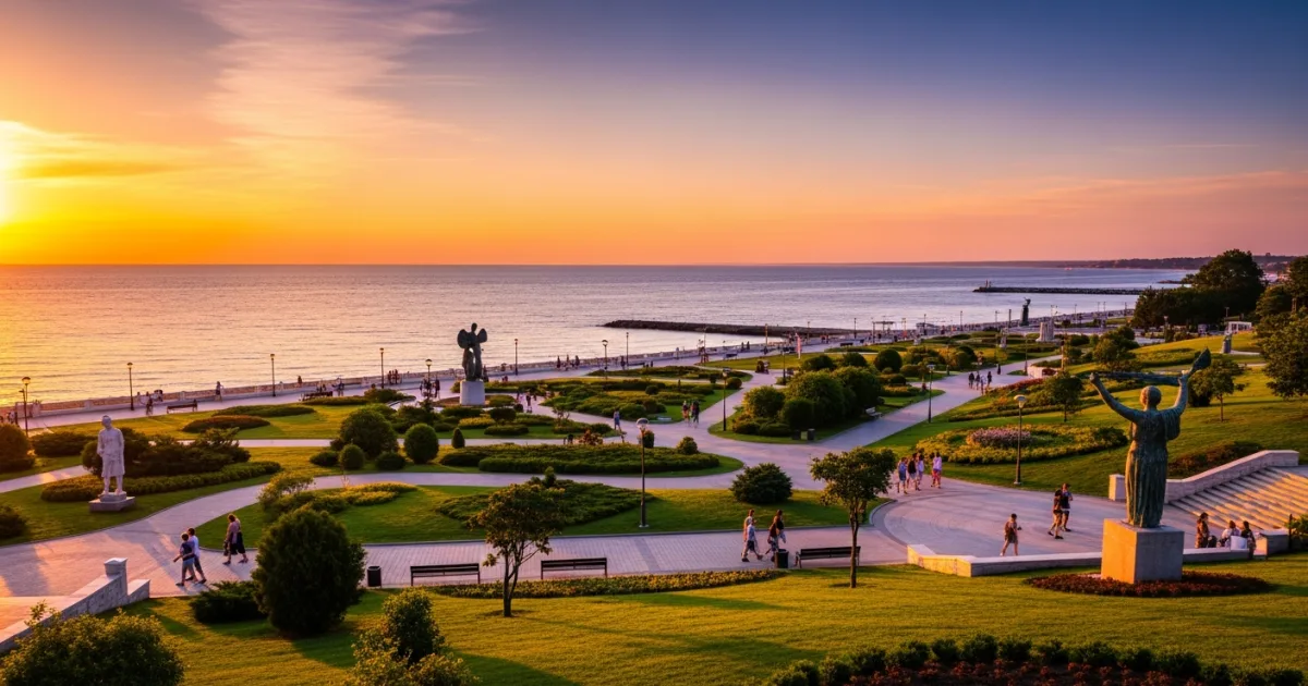 Travel Guides 2 Panoramic view of Burgas Sea Garden at sunset with the Black Sea in the background