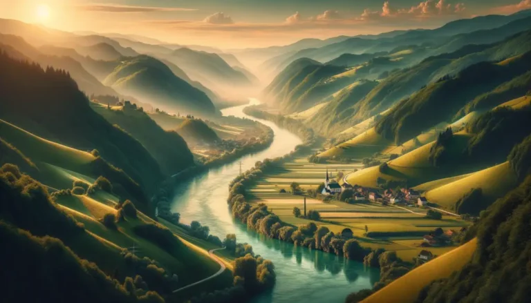 Central Sava 11 Scenic view of Central Sava region with Sava River, green valleys, and hills at golden hour.