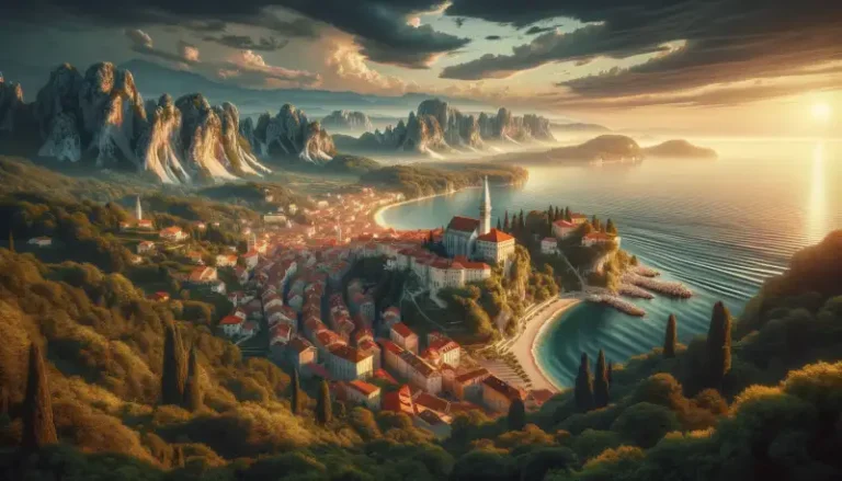 Coastal–Karst 1 Panoramic view of Coastal–Karst, Slovenia, showing the coastal town of Piran and inland karst landscape at sunset.