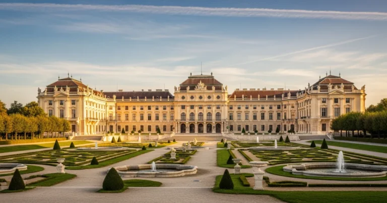 Fertod 4 Esterházy Palace in Fertőd, Hungary, with its Baroque facade and formal gardens.