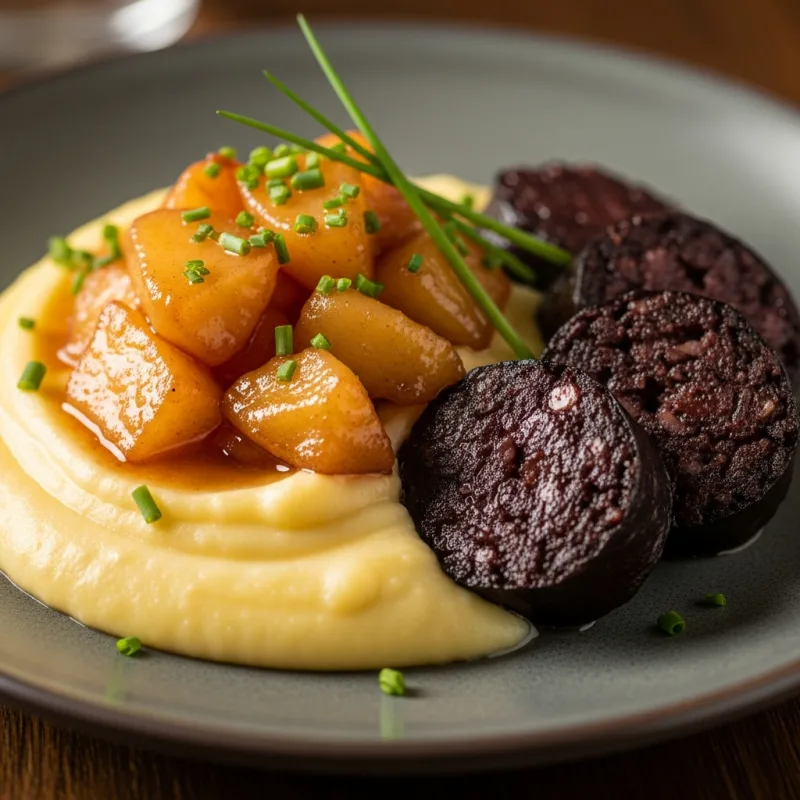 Traditional German dish Himmel und Erde with mashed potatoes, stewed apples, and black pudding.