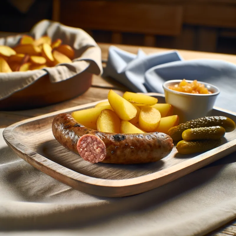 Knipp with fried potatoes, gherkins, and apple sauce