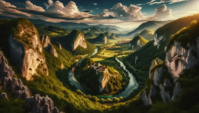 Littoral–Inner Carniola 8 Panoramic view of Littoral–Inner Carniola's Karst landscape with green hills, a river, and a distant castle.