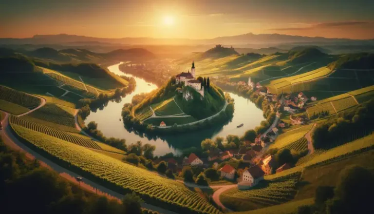 Lower Sava 10 Panoramic view of the Lower Sava region in Slovenia, featuring green vineyards, the Sava River, and a historic castle at sunset.