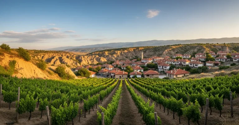 Melnik, Bulgaria 21 Panoramic view of Melnik town with sand pyramids and vineyards at golden hour
