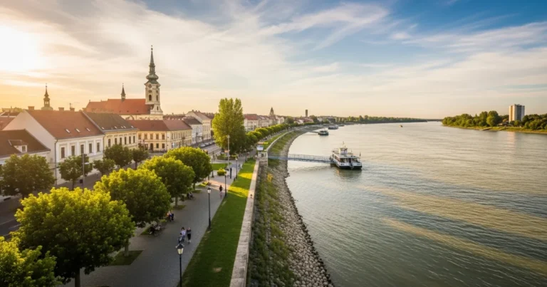 Mohacs 5 Panoramic view of Mohács, Hungary, with the Danube River and historic town center at sunset