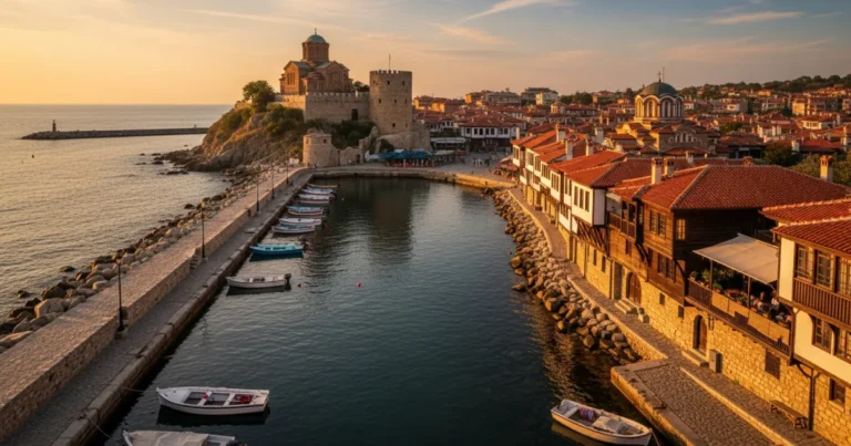 Nessebar 23 Panoramic view of Nessebar Old Town at sunset, showing ancient architecture and the Black Sea.