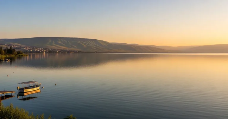 Northern District 20 Panoramic view of the Sea of Galilee at sunrise with calm waters and distant hills.