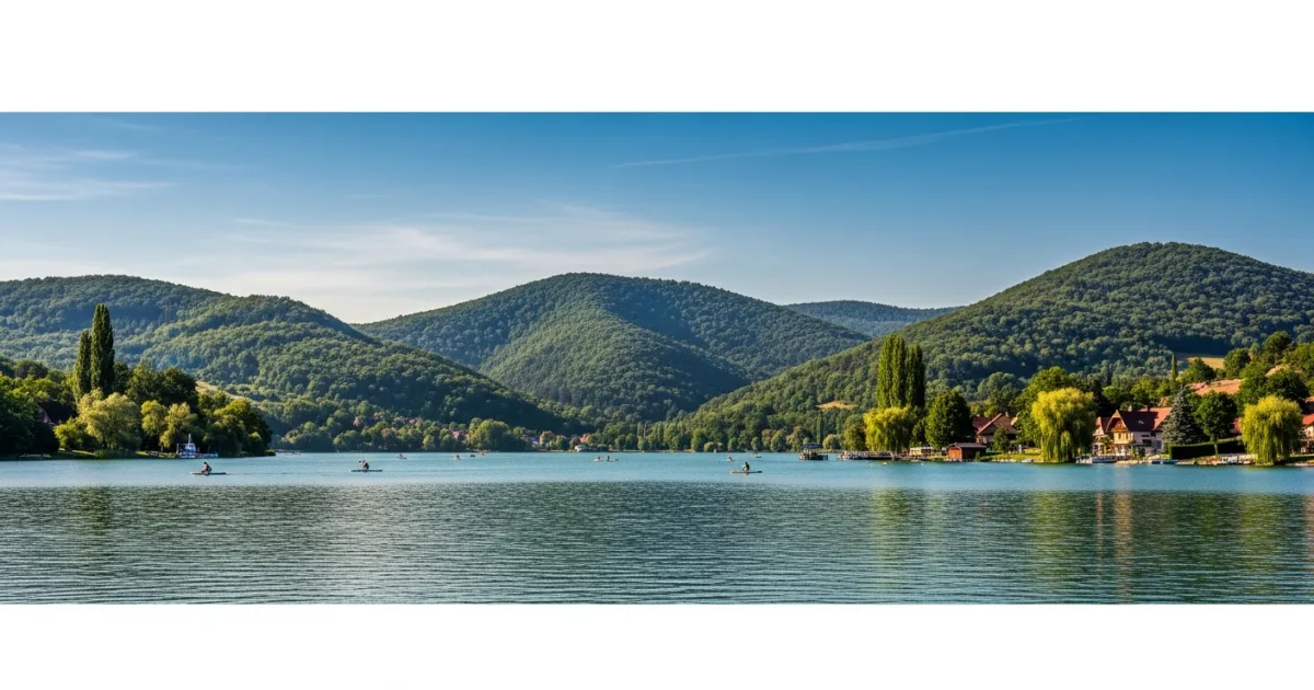 Travel Guides 4 Panoramic view of Pécsi-tó lake in Orfu, Hungary, with green hills and blue sky