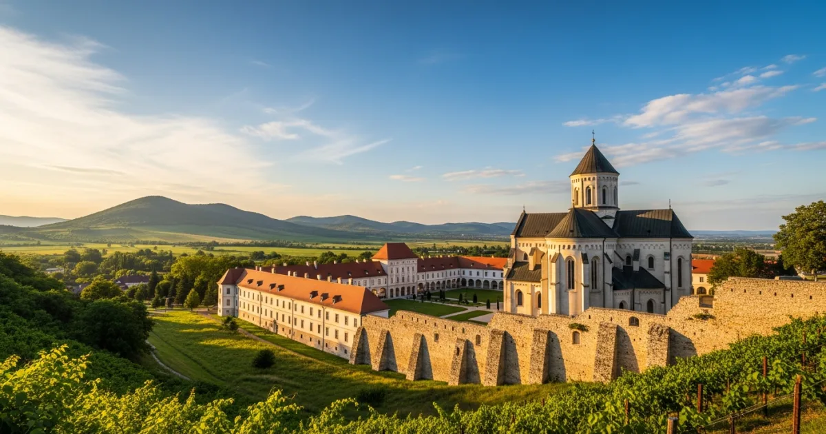 Pannonhalma Archabbey at sunset with vineyards