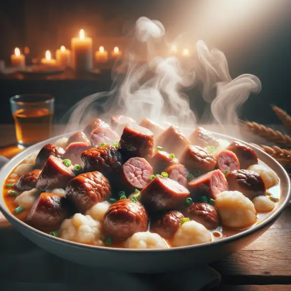 Hearty Slovenian Pohorski lonec stew with meat and mushrooms.