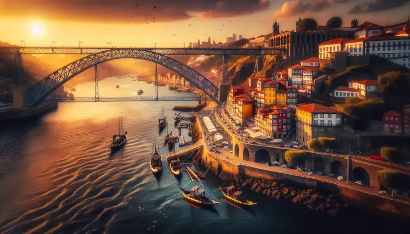 Scenic view of Porto, showcasing its main landmarks including the Dom Luís I Bridge and Ribeira district.