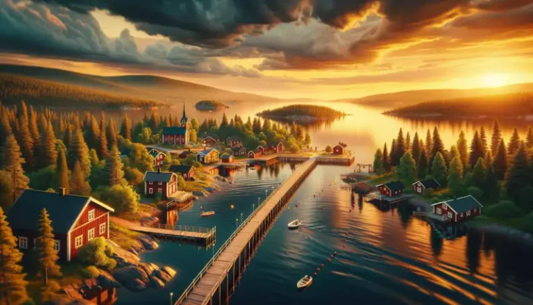 Rattvik 9 Panoramic view of Rattvik's Långbryggan pier extending into Lake Siljan, with red cottages and green hills under a golden sunset.