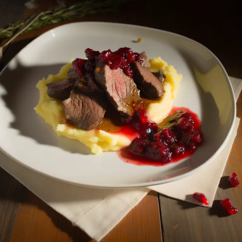 Sautéed Reindeer with Mashed Potatoes and Lingonberry Jam