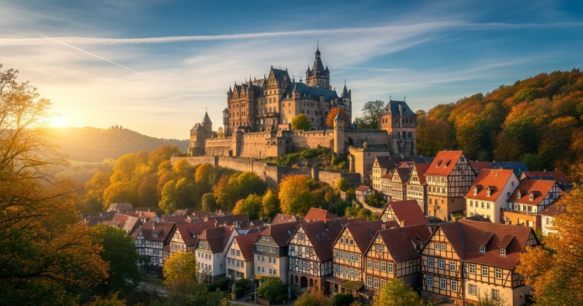 Panoramic view of Wernigerode Castle and the historic town below in Saxony-Anhalt, Germany, bathed in golden autumn light.