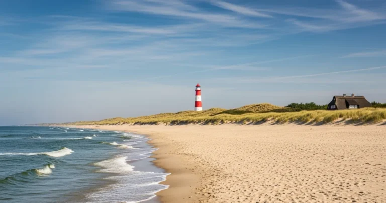 Schleswig-Holstein 7 Panoramic view of the Schleswig-Holstein coast with a lighthouse and sandy beach.