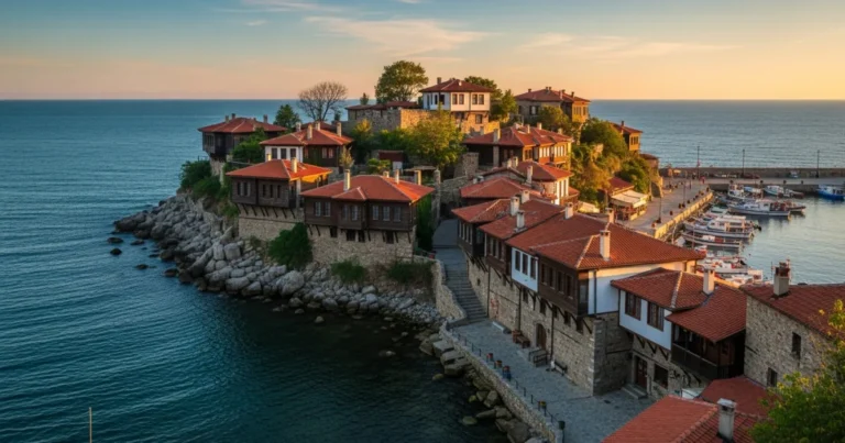 Sozopol 24 Panoramic view of Sozopol Old Town at sunset with traditional houses and Black Sea