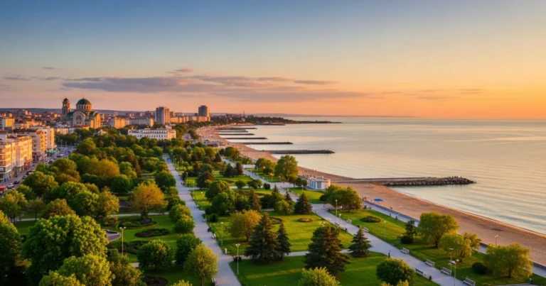 Varna 28 Panoramic view of Varna's coastline, Sea Garden, and city skyline at sunset.