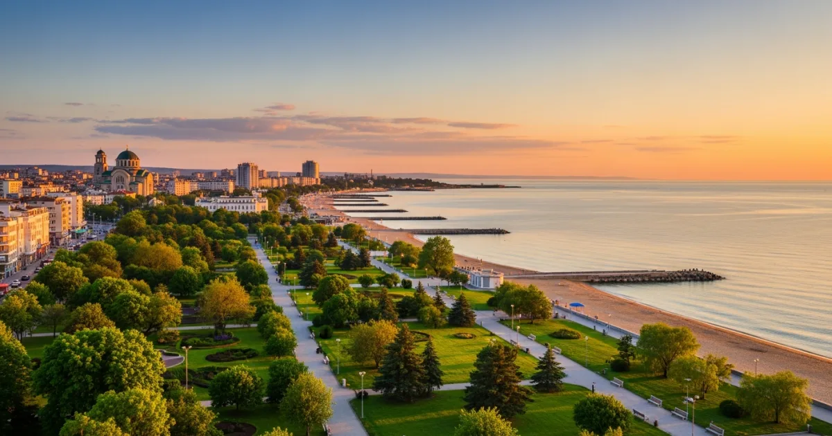 Travel Guides 3 Panoramic view of Varna's coastline, Sea Garden, and city skyline at sunset.
