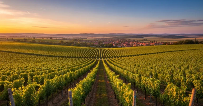 Villany 4 Panoramic view of Villány vineyards at sunset with a charming village in the distance