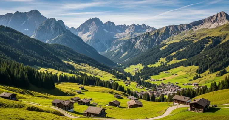 Vorarlberg 3 Panoramic view of the Vorarlberg Alps with green valleys and traditional villages in summer.