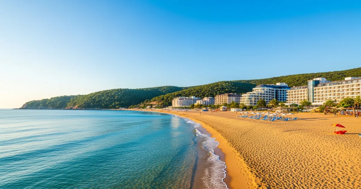 Panoramic view of Albena beach with golden sand and turquoise Black Sea waters.