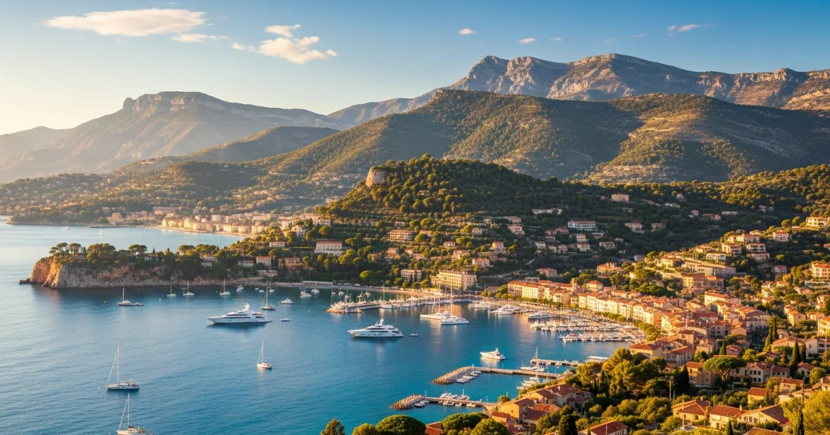 Panoramic view of Alpes-Maritimes, France, showing the French Riviera coastline meeting the Southern Alps