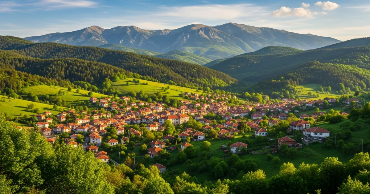 Panoramic view of Apriltsi town in the Central Balkan Mountains, Bulgaria