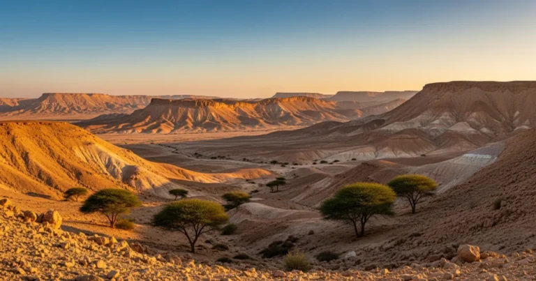 Arava 5 Panoramic view of the Arava desert at sunset with dramatic rock formations