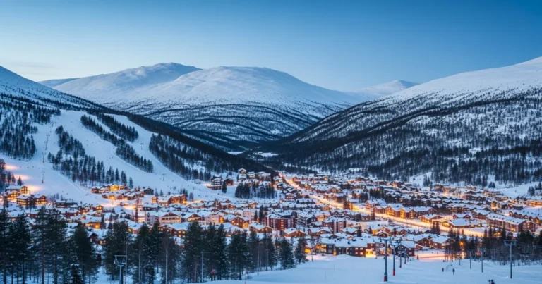 Are 1 Panoramic view of Åre ski resort and village in winter at sunset