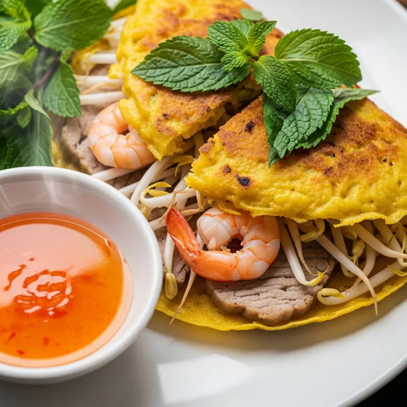 Crispy Vietnamese Bánh Xèo pancake with shrimp and pork
