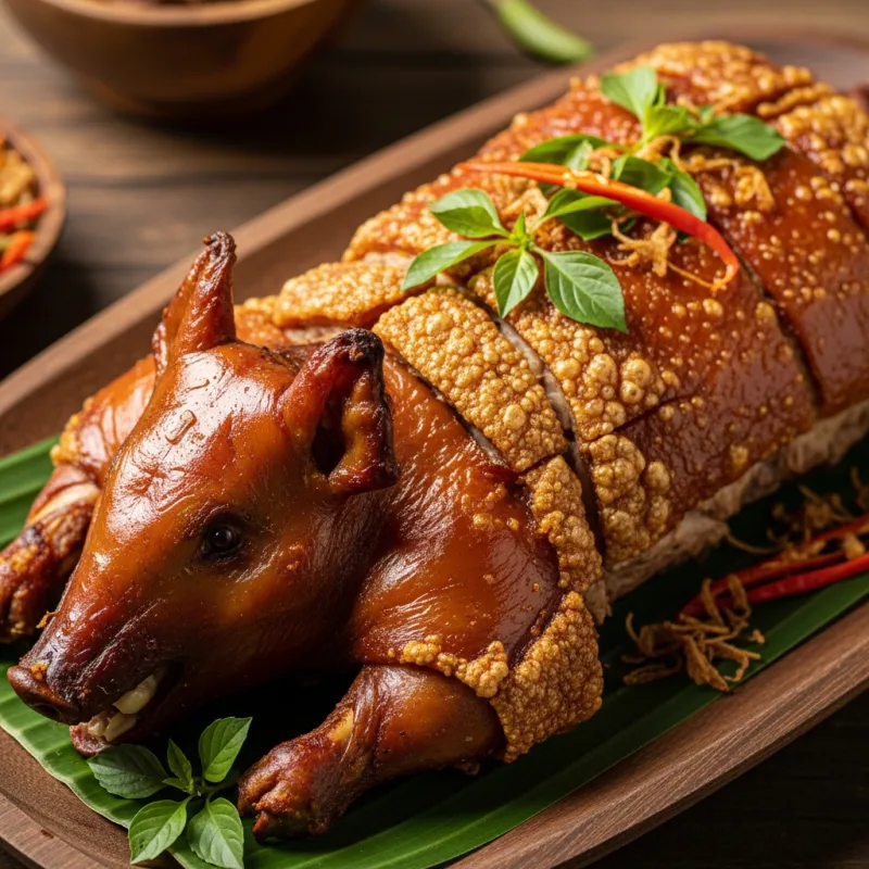 Traditional Balinese Babi Guling (suckling pig) with crispy skin and spices