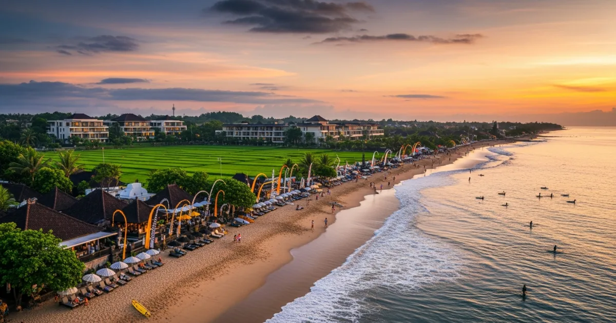 Panoramic sunset view of Badung Regency, Bali, showing beaches, resorts, and rice paddies