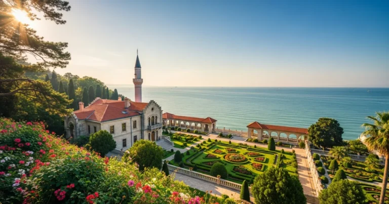 Balchik 13 Panoramic view of Balchik Palace and Botanical Garden with the Black Sea in the background