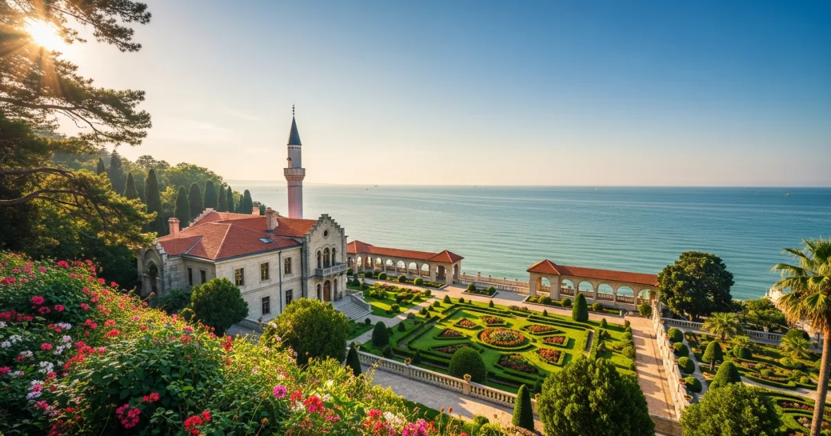 Panoramic view of Balchik Palace and Botanical Garden with the Black Sea in the background