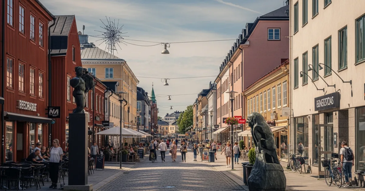 Vibrant city center of Boras, Sweden, with public art and people