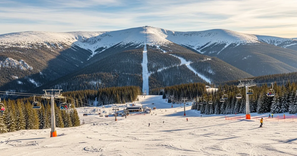 Panoramic view of Borovets ski resort in the Rila Mountains during winter sunset.