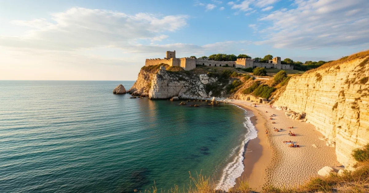 Panoramic view of Byala, Bulgaria, with white cliffs, beach, and ancient fortress at sunset