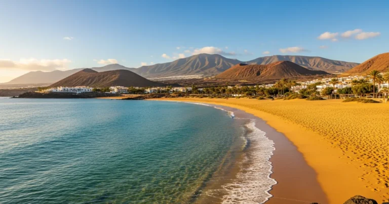 Canary Islands 3 Panoramic view of a Canary Island beach with volcanic mountains and lush greenery at sunset.