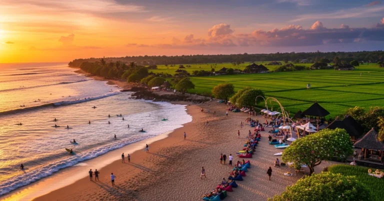 Canggu 5 Sunset over Canggu beach with surfers and rice paddies
