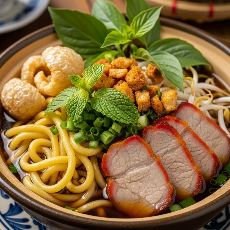 A bowl of Cao Lau, a traditional Hoi An noodle dish with pork and herbs.
