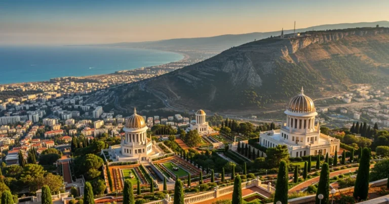 Carmel 15 Panoramic view of Mount Carmel and the Baha'i Gardens in Haifa, Israel at sunset