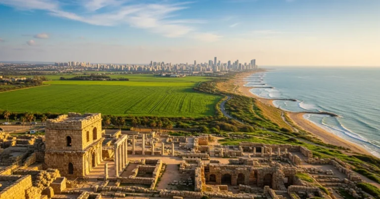 Central District 14 Panoramic view of Israel's Central District showing ancient ruins, modern city, and coastline