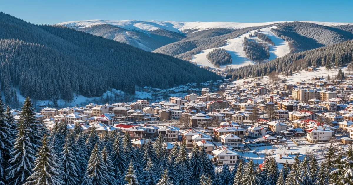 Panoramic view of Chepelare ski resort in the Rhodope Mountains, Bulgaria, in winter