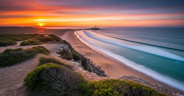 Coastal Plain 13 Panoramic sunset view of the Coastal Plain with cliffs, beach, and a lighthouse